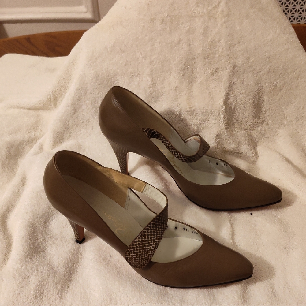 Tan Stiletto Heels with Pointed Toe and Slip-On Design